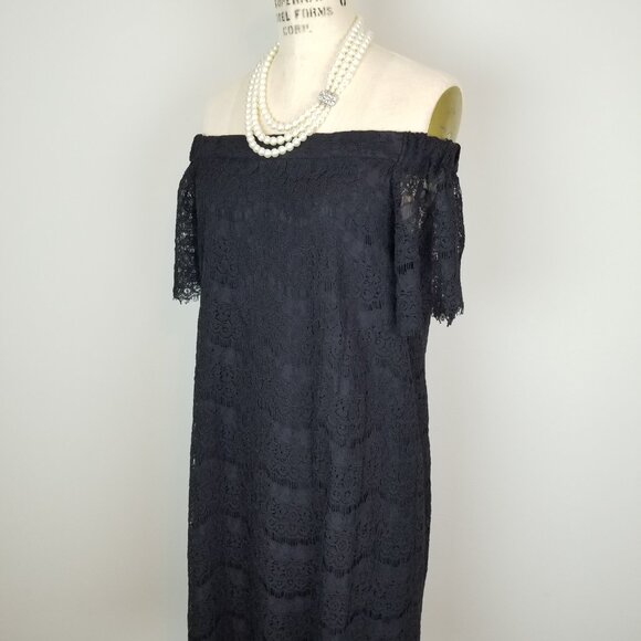 Monteau Black Eyelash Lace Off the Shoulder Shift Dress * Women's Size Medium - Picture 7 of 11